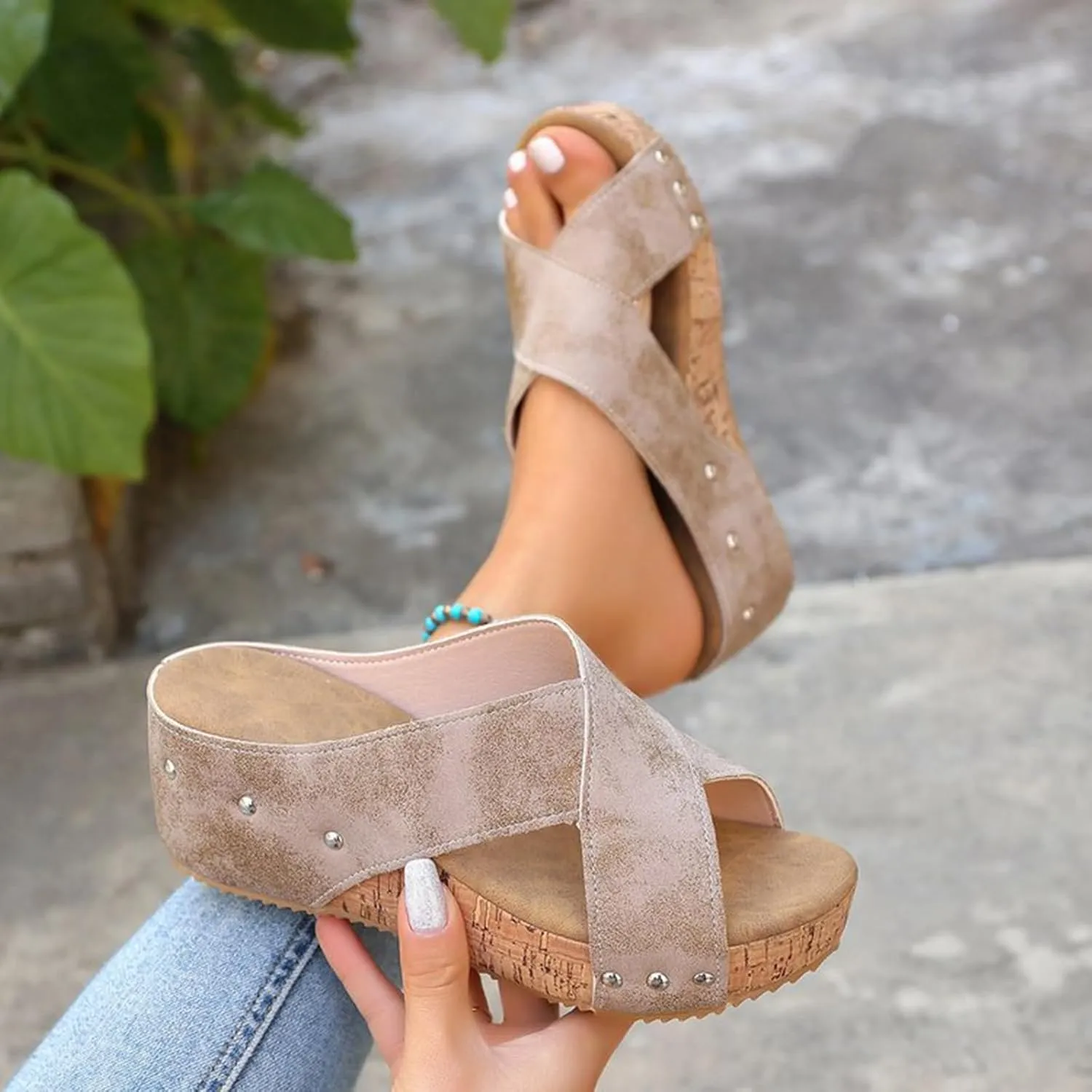 Cork Wedge Sandals for Women 2025 Summer Casual Trendy Comfy Wide Foot Thick Sole Leather Wedge Platform Sandals