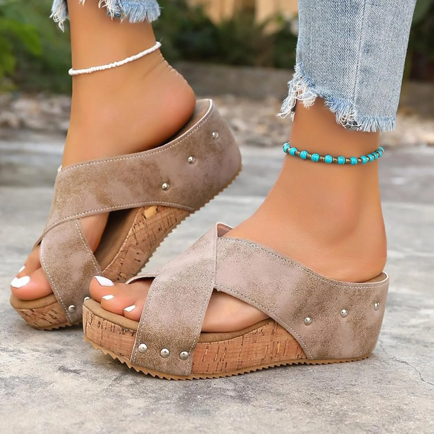 Cork Wedge Sandals for Women 2025 Summer Casual Trendy Comfy Wide Foot Thick Sole Leather Wedge Platform Sandals