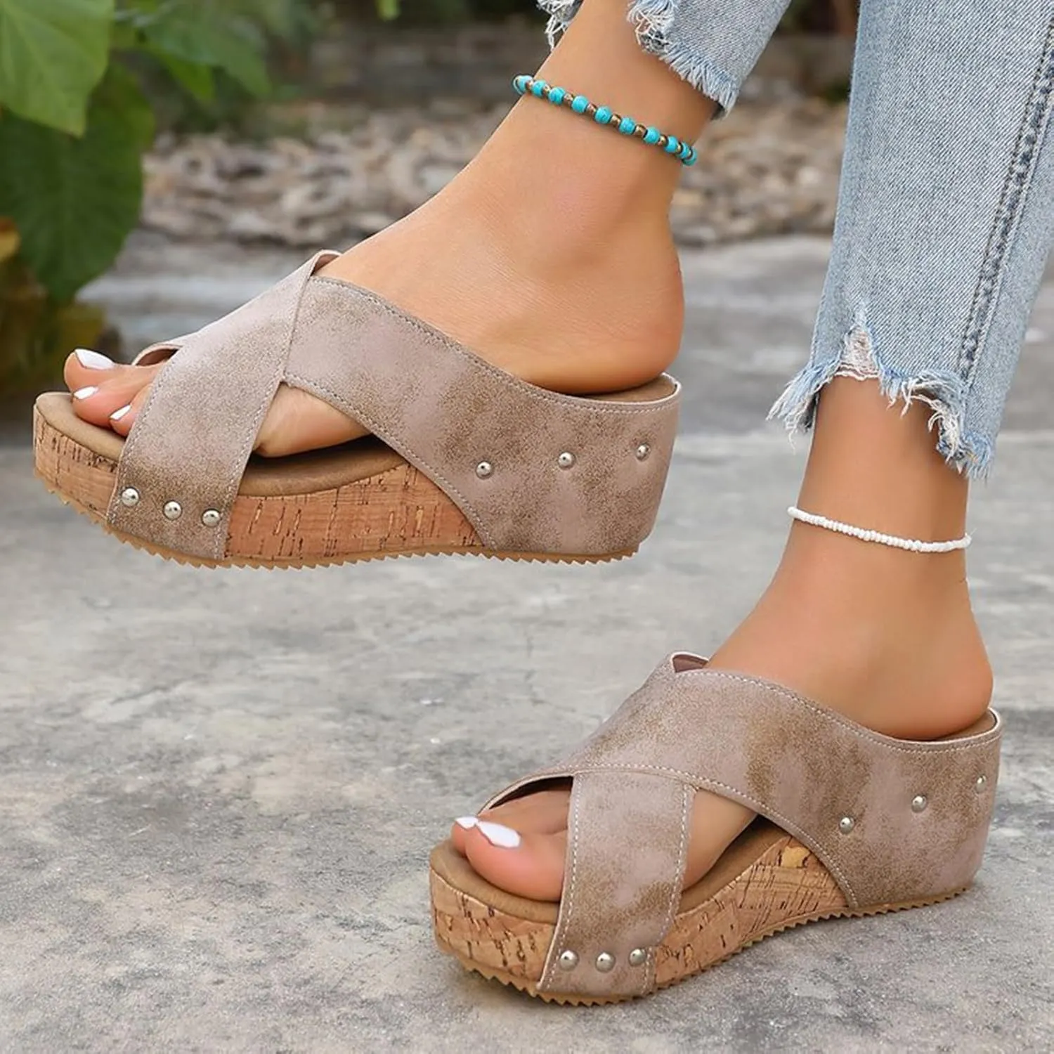 Cork Wedge Sandals for Women 2025 Summer Casual Trendy Comfy Wide Foot Thick Sole Leather Wedge Platform Sandals