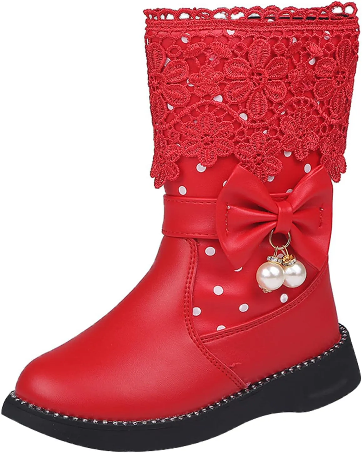 Girl's Winter Snow Boots Faux Fur Lined Mid Calf Shoes Lace Bowknot Side Zipper Winter Boots Waterproof