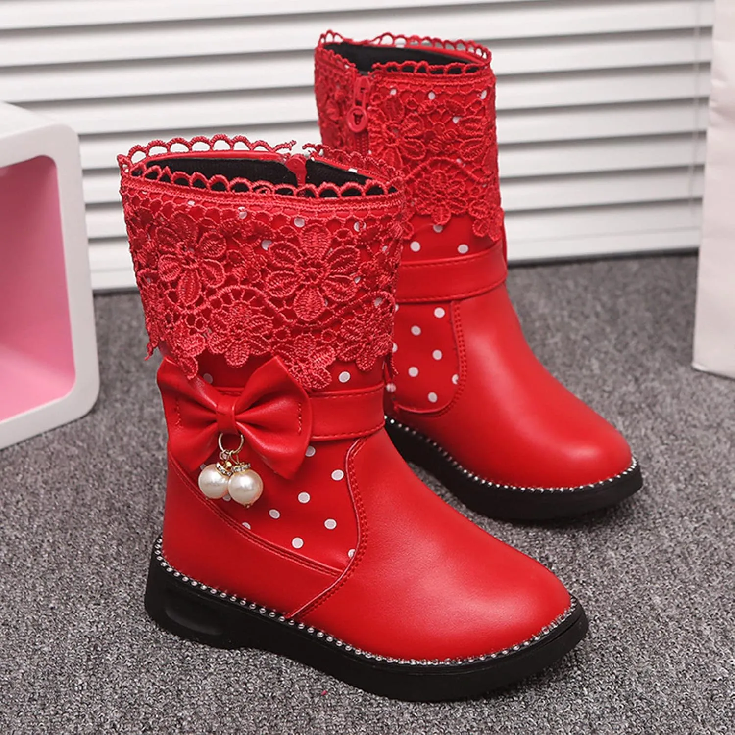 Girl's Winter Snow Boots Faux Fur Lined Mid Calf Shoes Lace Bowknot Side Zipper Winter Boots Waterproof