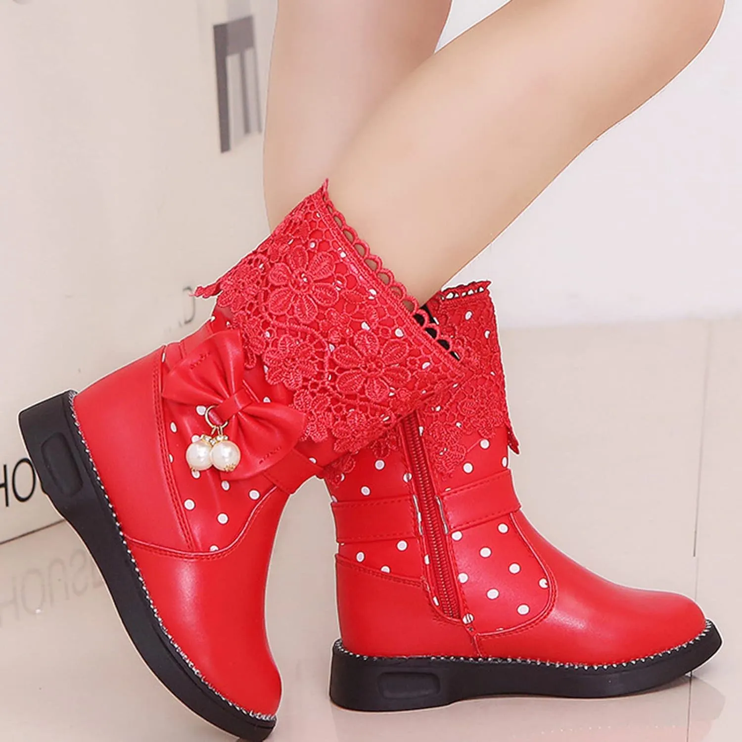 Girl's Winter Snow Boots Faux Fur Lined Mid Calf Shoes Lace Bowknot Side Zipper Winter Boots Waterproof