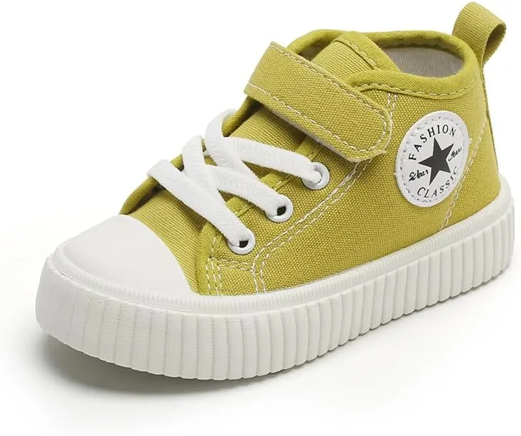Kids High Top Canvas Sneakers, Black Classic Fashion Shoes with Strap, White Rubber Sole