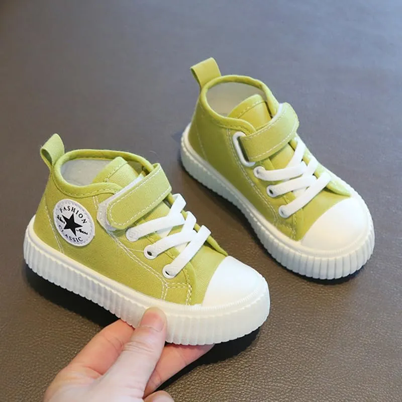 Kids High Top Canvas Sneakers, Black Classic Fashion Shoes with Strap, White Rubber Sole