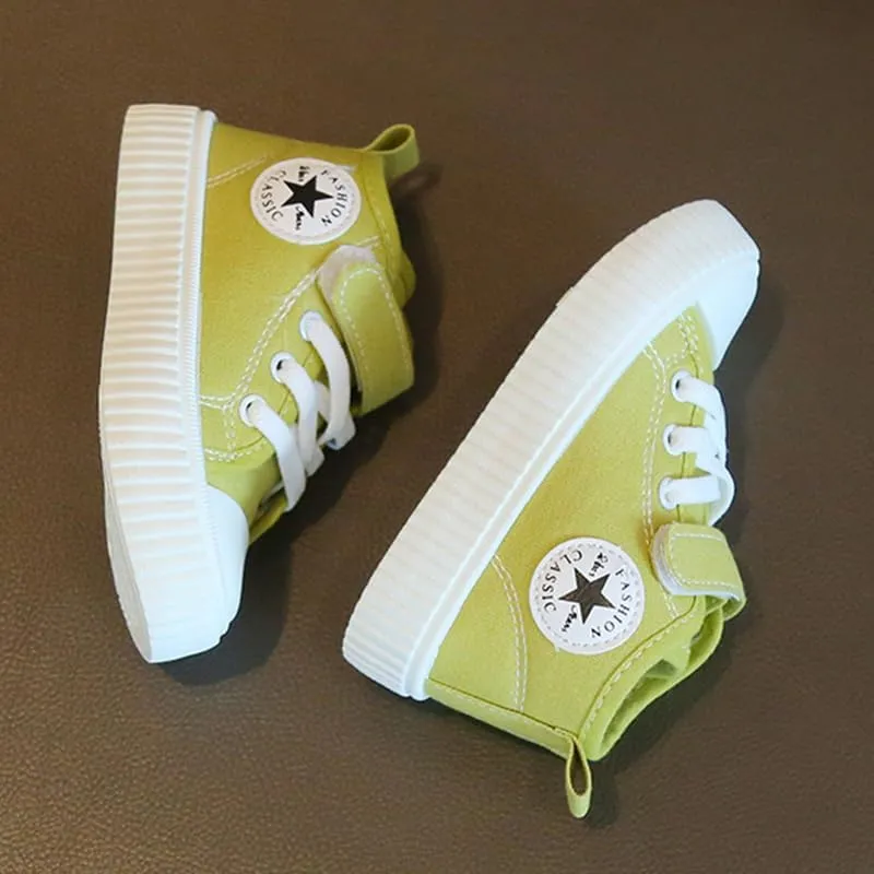 Kids High Top Canvas Sneakers, Black Classic Fashion Shoes with Strap, White Rubber Sole