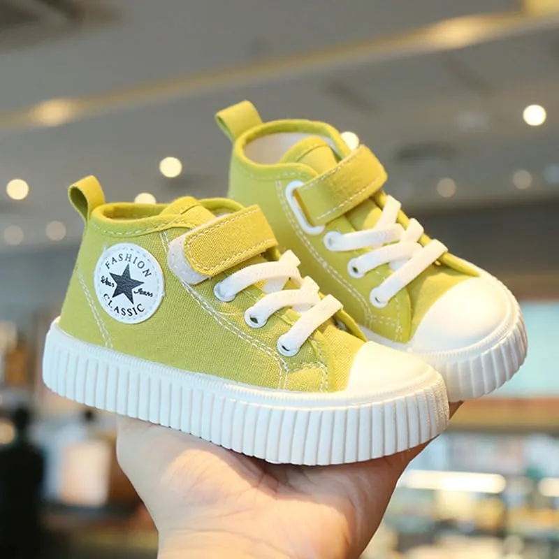 Kids High Top Canvas Sneakers, Black Classic Fashion Shoes with Strap, White Rubber Sole