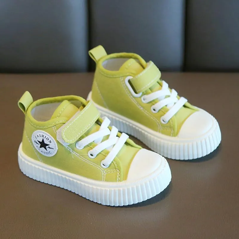 Kids High Top Canvas Sneakers, Black Classic Fashion Shoes with Strap, White Rubber Sole
