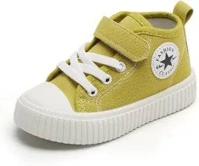 Kids High Top Canvas Sneakers, Black Classic Fashion Shoes with Strap, White Rubber Sole