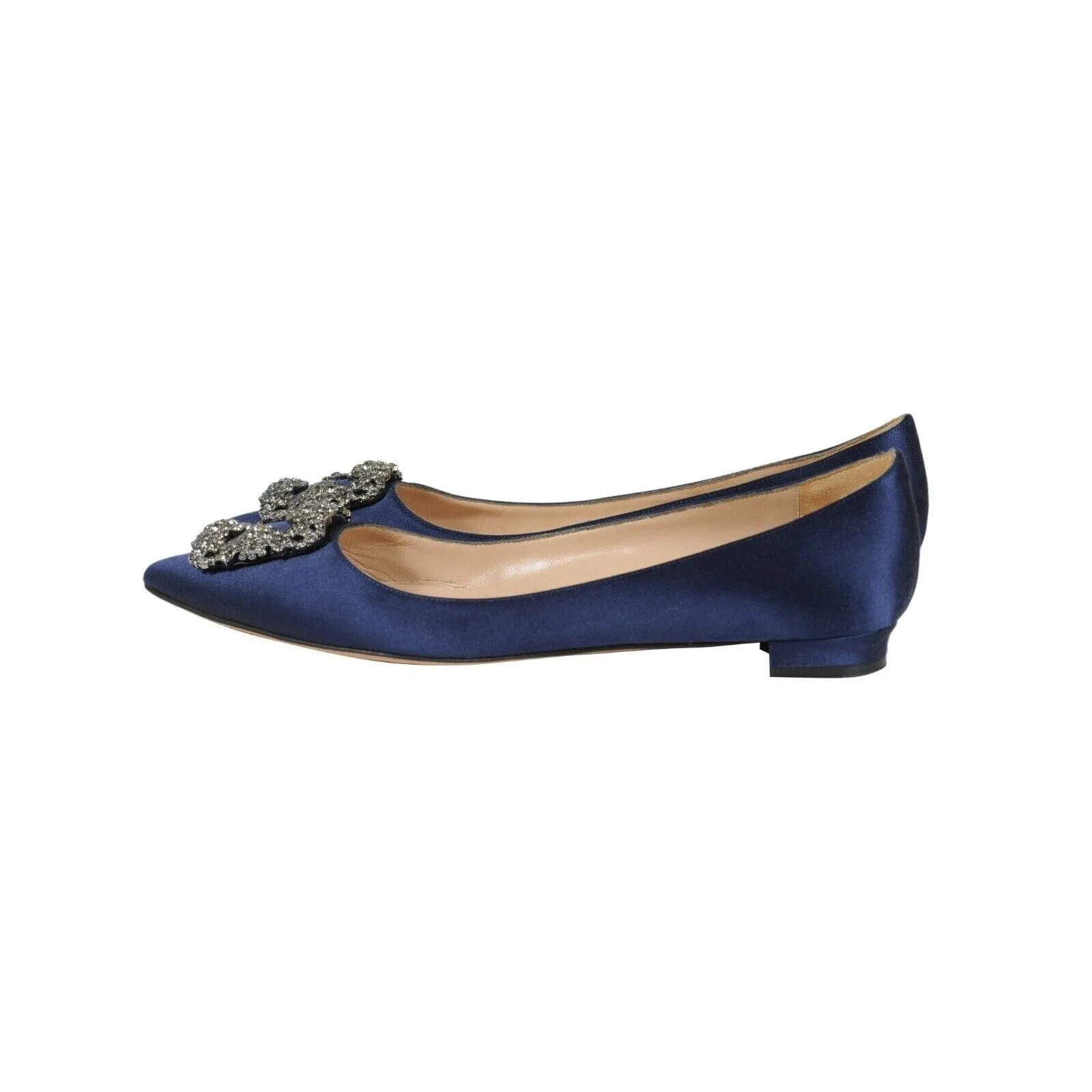 Manolo Blahnik Scorpion Hangisi Flats  Blue Crystal Satin Toe