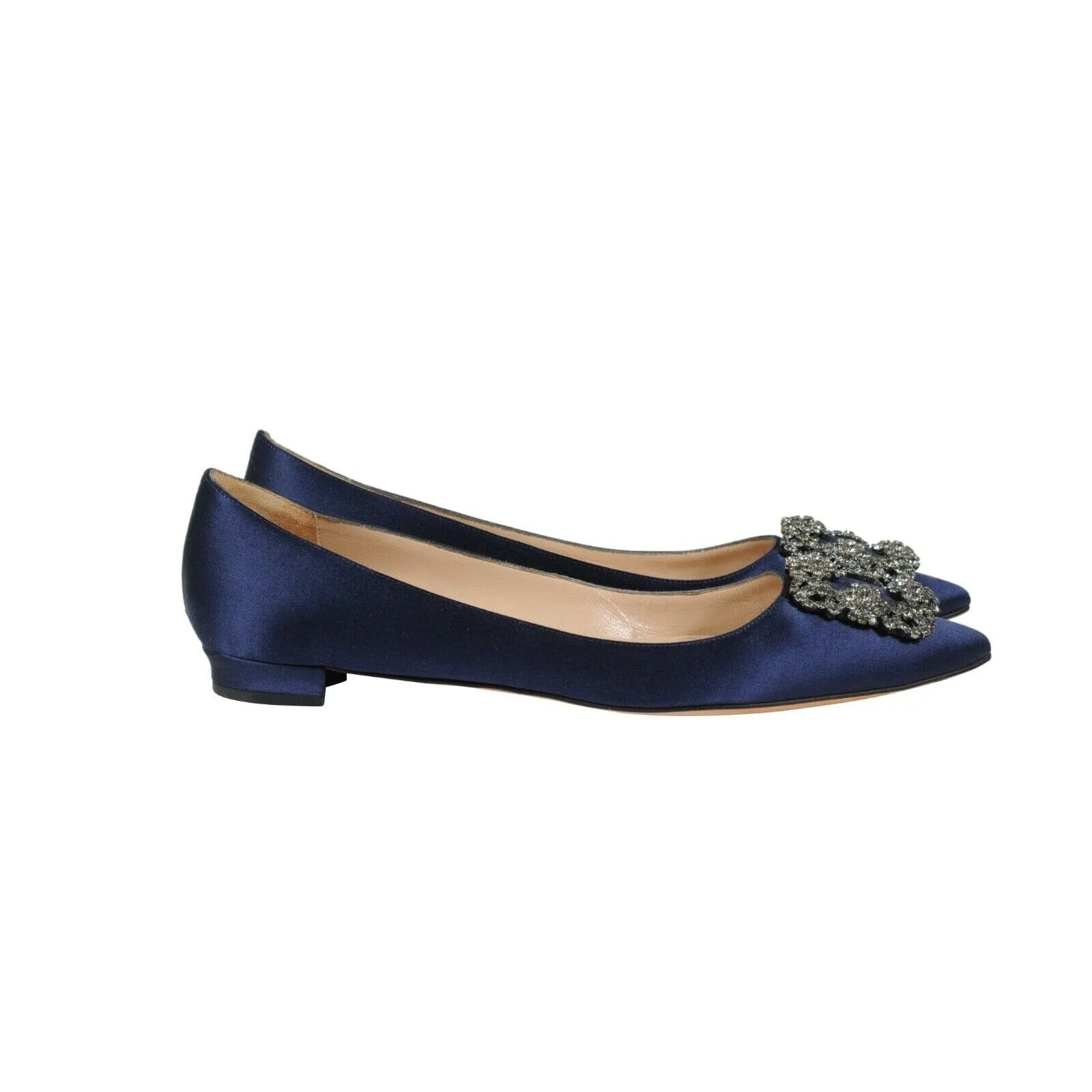 Manolo Blahnik Scorpion Hangisi Flats  Blue Crystal Satin Toe
