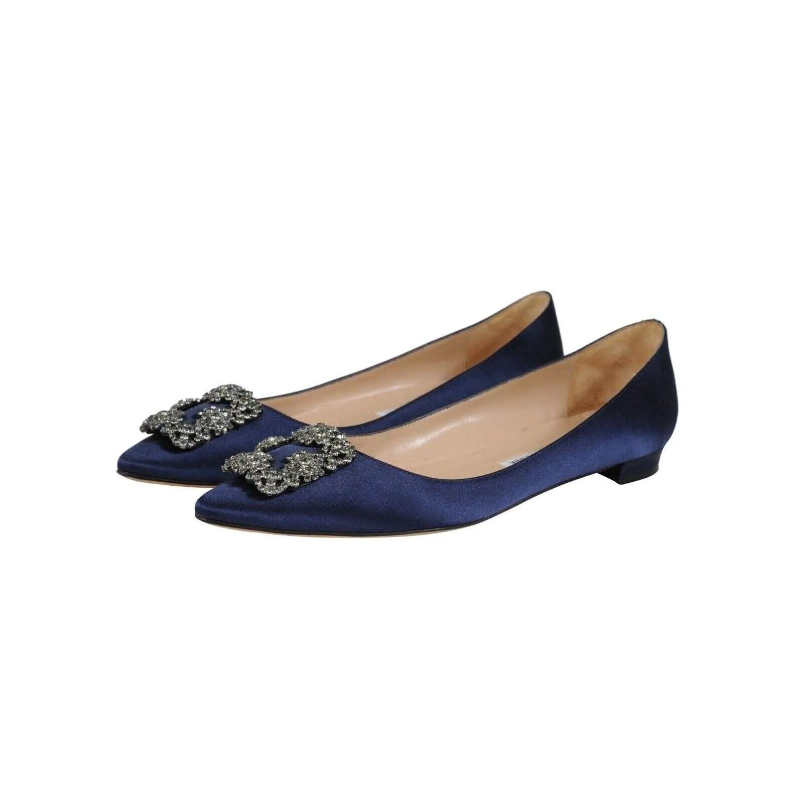 Manolo Blahnik Scorpion Hangisi Flats  Blue Crystal Satin Toe