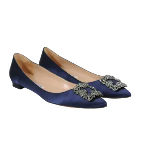 Manolo Blahnik Scorpion Hangisi Flats  Blue Crystal Satin Toe