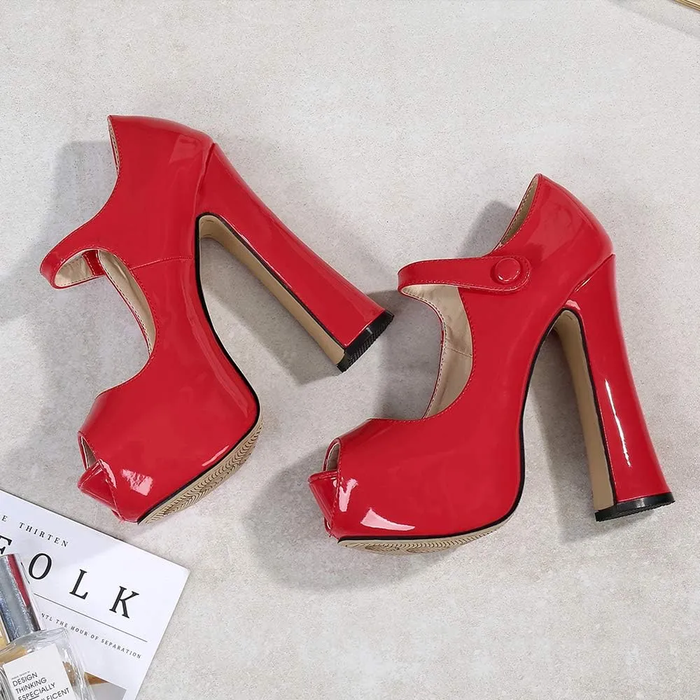 OCHENTA Women's Peep Toe Platform High Heels Ankle Strap Pumps Chunky Heels for Party Daily Wear