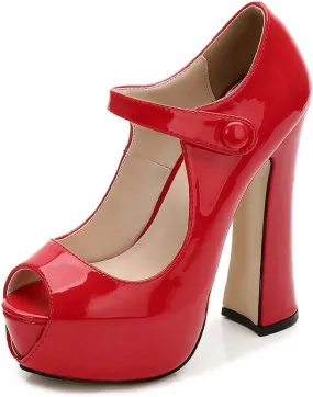 OCHENTA Women's Peep Toe Platform High Heels Ankle Strap Pumps Chunky Heels for Party Daily Wear