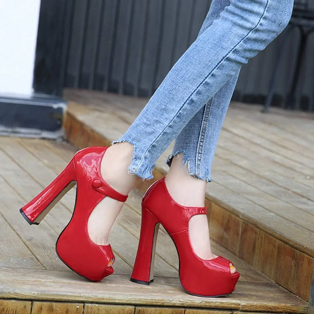 OCHENTA Women's Peep Toe Platform High Heels Ankle Strap Pumps Chunky Heels for Party Daily Wear