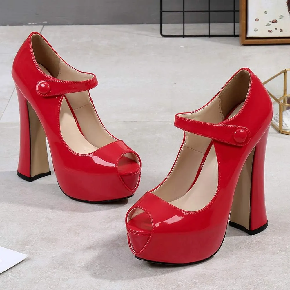 OCHENTA Women's Peep Toe Platform High Heels Ankle Strap Pumps Chunky Heels for Party Daily Wear