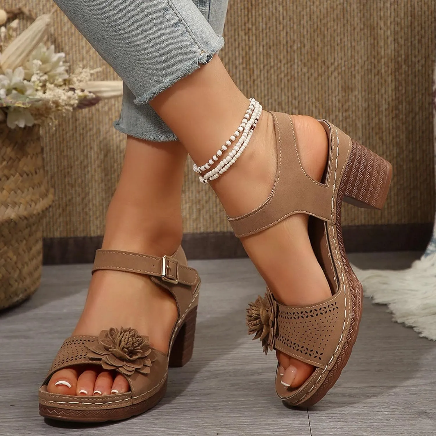 Orthopedic Wedge Sandals for Women Comfortable,Fashion Chunky Heels Sandals Women Comfy Open Toe Block Heeled Sandals Ankle Strappy Corks Heels Chunky Platform Heels for Women Summer Dress Shoes 