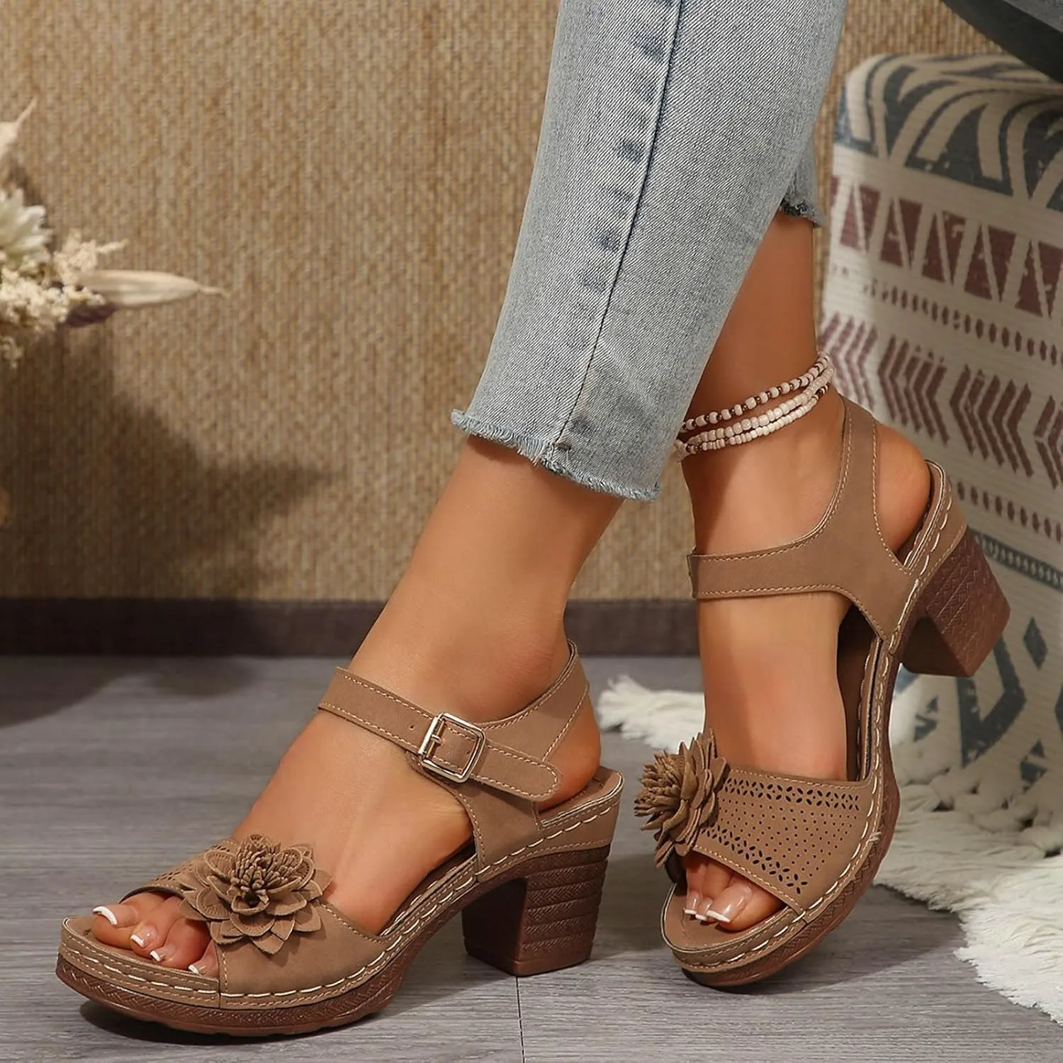 Orthopedic Wedge Sandals for Women Comfortable,Fashion Chunky Heels Sandals Women Comfy Open Toe Block Heeled Sandals Ankle Strappy Corks Heels Chunky Platform Heels for Women Summer Dress Shoes 