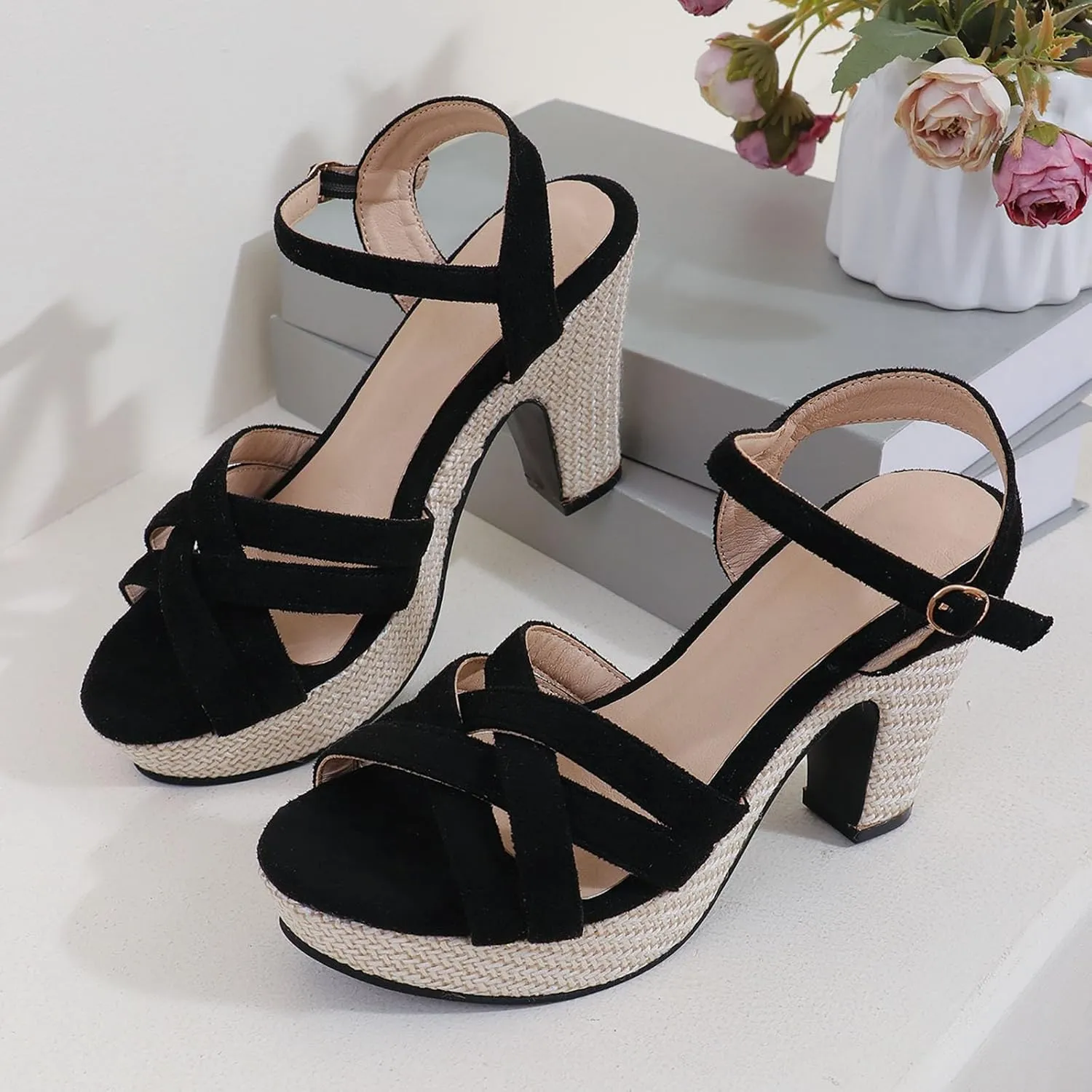 Platform High Heels for Women Strappy Chunky Heels Sandals Open Toe Block Heeled Sandals Buckle Summer Dress Shoes