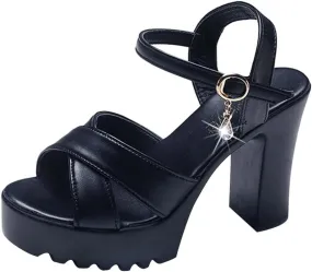 Platform High Heels for Women Strappy Chunky Heels Sandals Open Toe Block Heeled Sandals Buckle Summer Dress Shoes