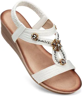 SHIBEVER Womens Wedge Sandals Flower Low Heel Dressy Sandals Elastic Ankle Strap Rhinestone Summer Comfortable Shoe