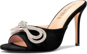 TNYNFBEB Womens Stiletto High Heel Peep Open Toe Sandals Mules Shoes Slingback Slip-on Rhinestone Crystal Bow-knot Prom Dress 3.9 Inches Heels