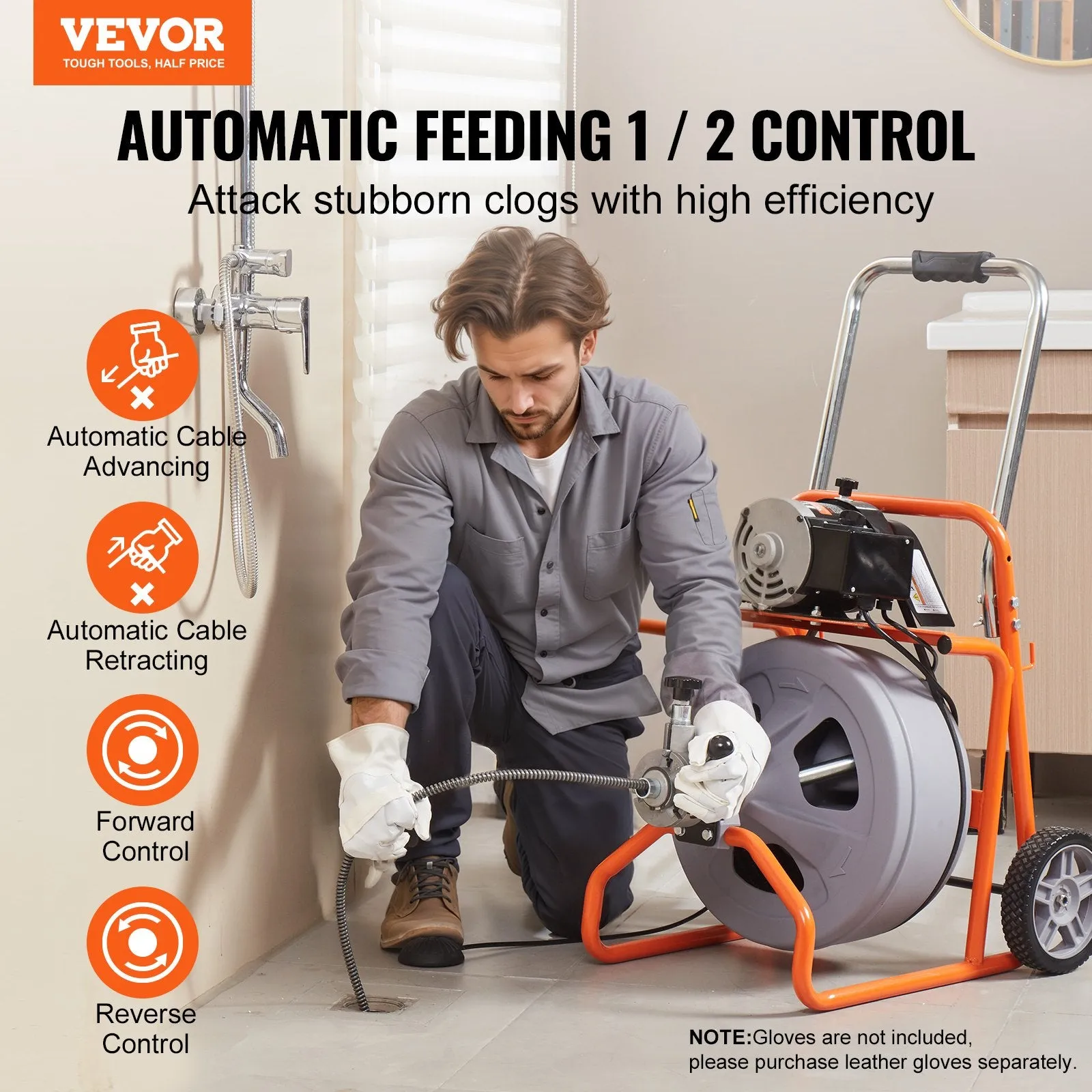 Vevor Drain Cleaner Machine 100' x 1/2" Sewer Snake Auto Feed Drain Auger with Wheels and 8 Cutters New