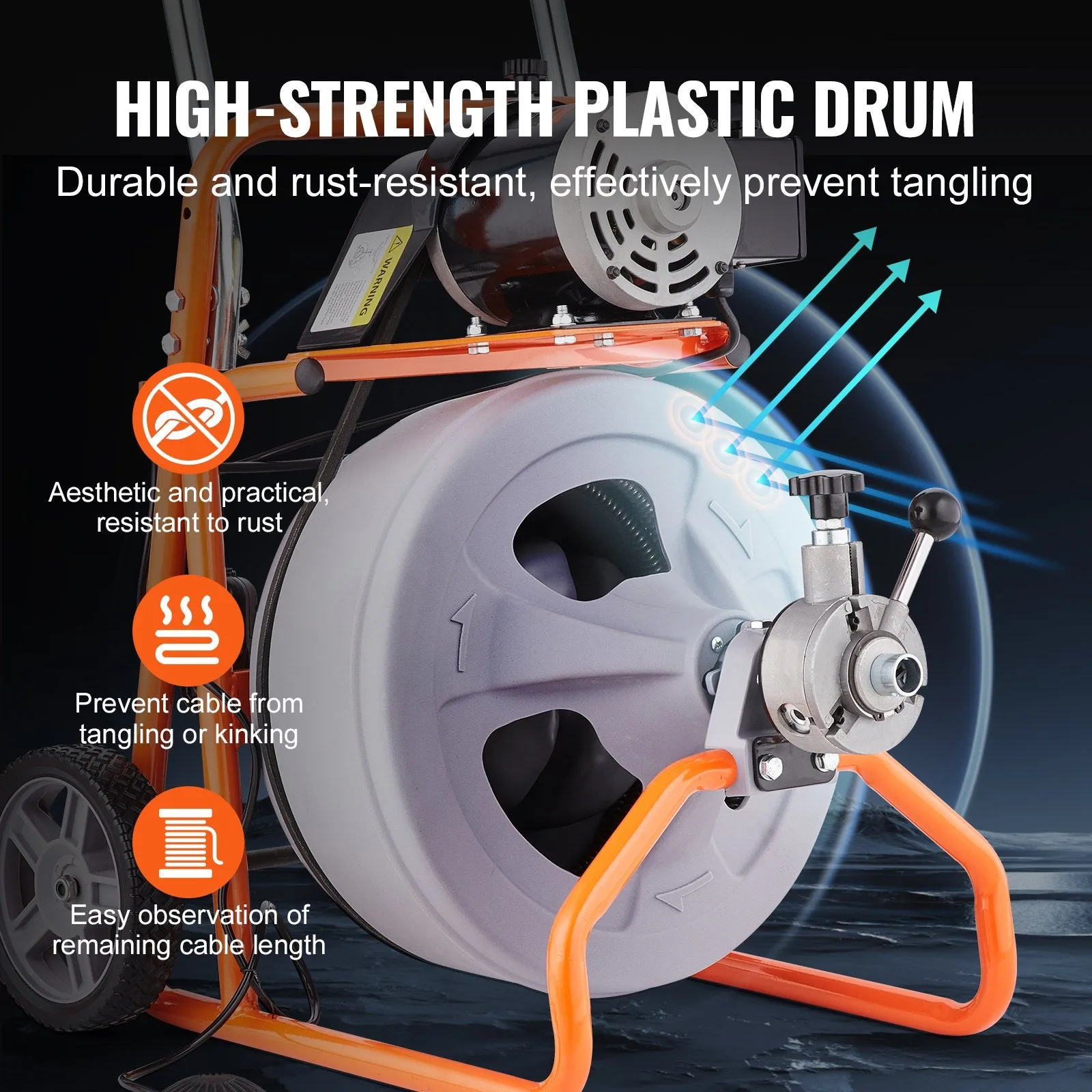 Vevor Drain Cleaner Machine 100' x 1/2" Sewer Snake Auto Feed Drain Auger with Wheels and 8 Cutters New
