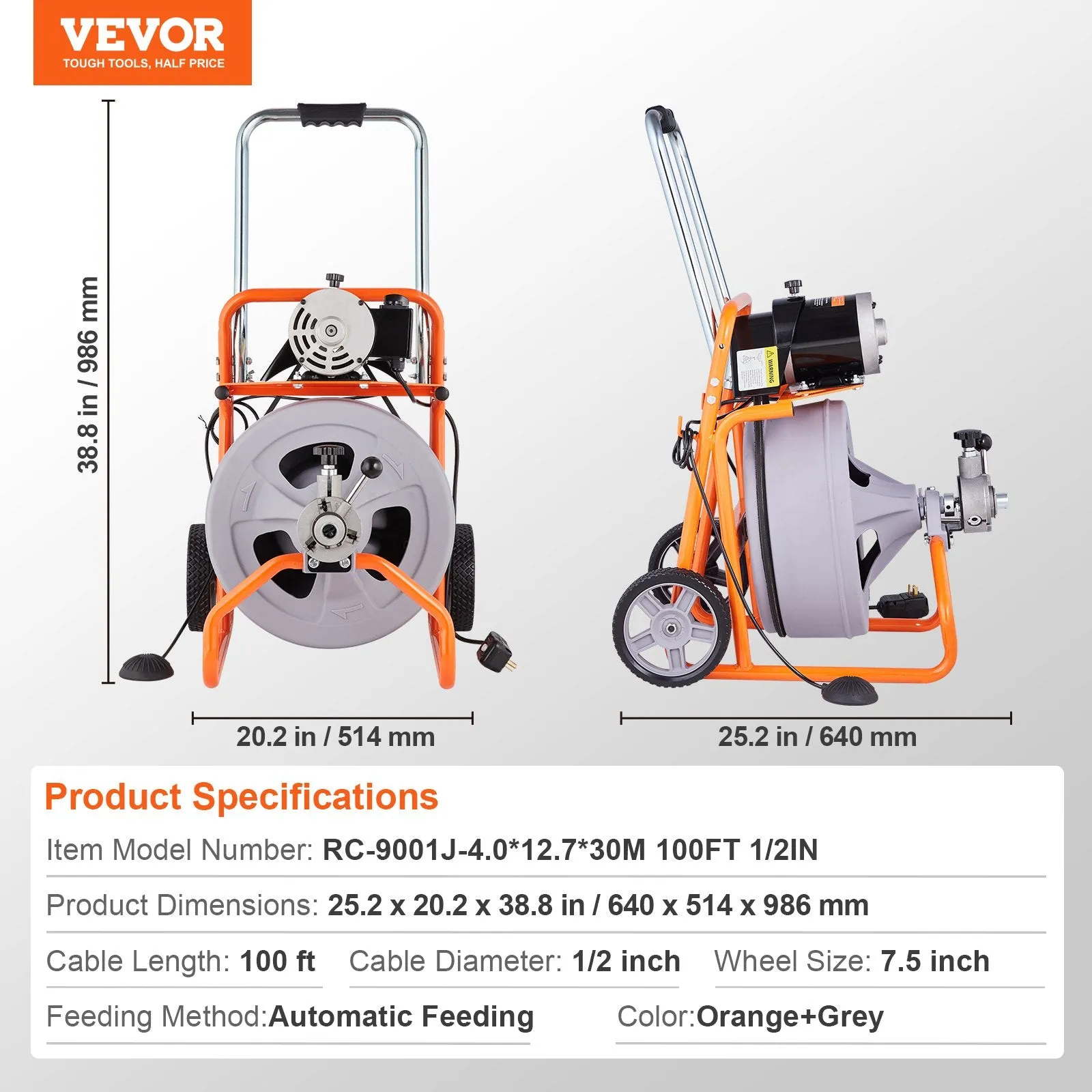 Vevor Drain Cleaner Machine 100' x 1/2" Sewer Snake Auto Feed Drain Auger with Wheels and 8 Cutters New
