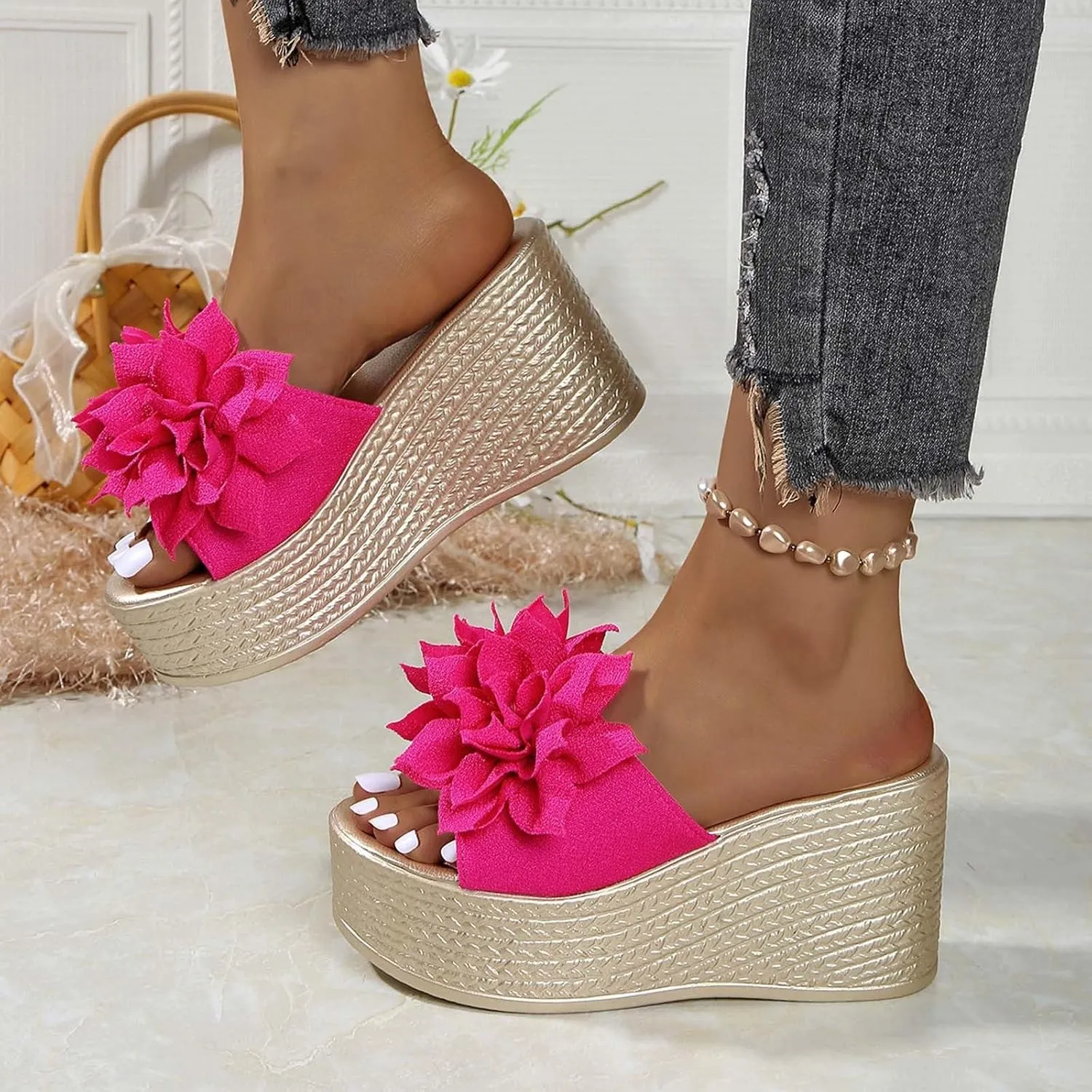 Women Summer Platform Wedge Sandals Open Toe High Heel Beach Slippers Casual Dress Ankle Strap Flip Flops Vacation Travel Fashion Comfortable Slides