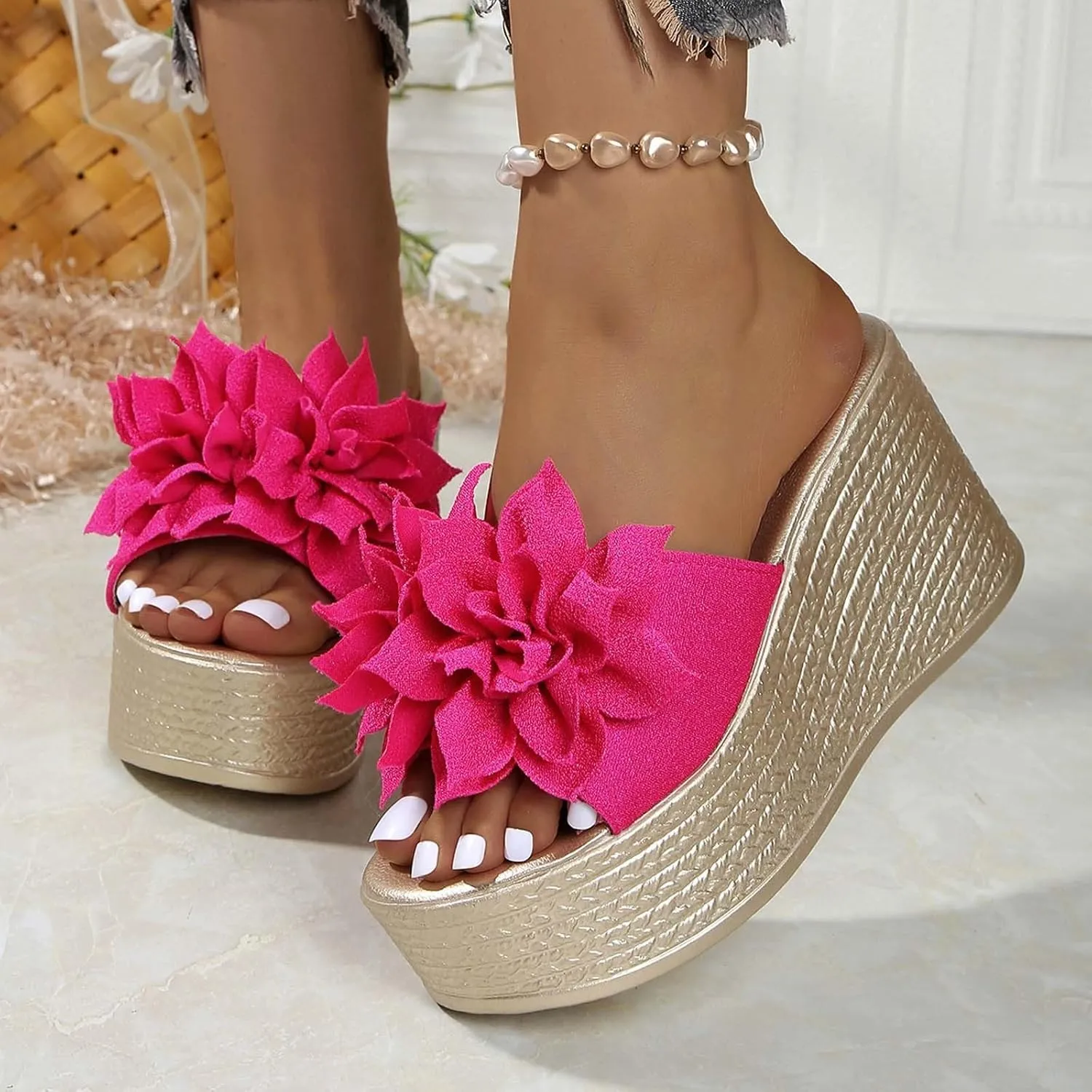 Women Summer Platform Wedge Sandals Open Toe High Heel Beach Slippers Casual Dress Ankle Strap Flip Flops Vacation Travel Fashion Comfortable Slides