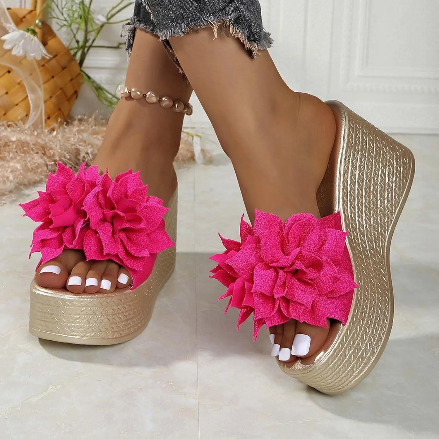 Women Summer Platform Wedge Sandals Open Toe High Heel Beach Slippers Casual Dress Ankle Strap Flip Flops Vacation Travel Fashion Comfortable Slides