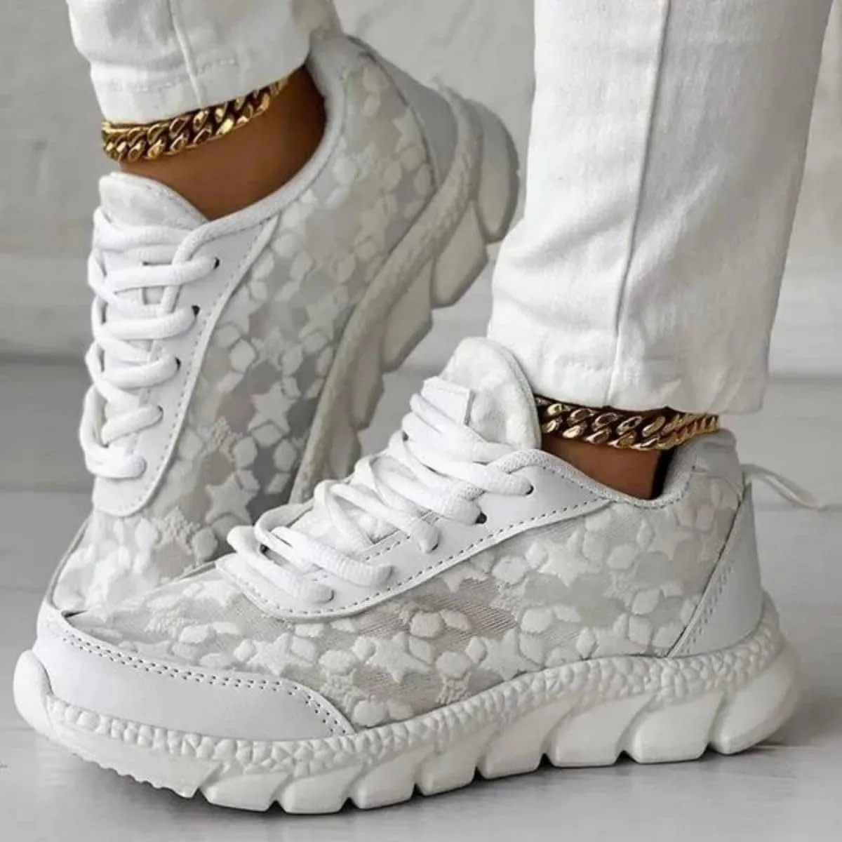 Women's Luxurious Orthopedic Sneakers, Breathable Mesh Anti-Slip Go Walk Shoes for Women Fashion White Lace Print Lace-Up Trainer Sandals