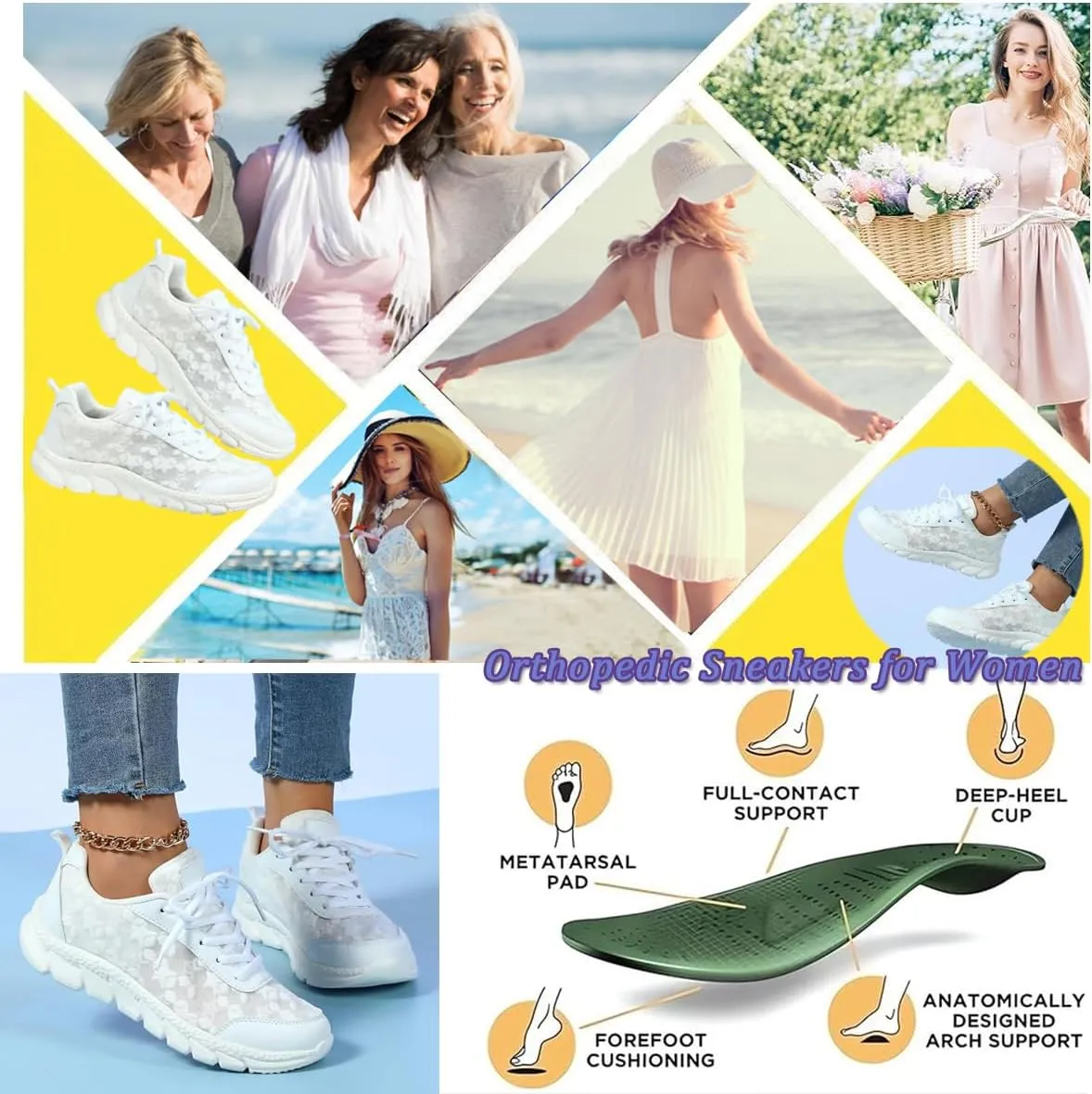 Women's Luxurious Orthopedic Sneakers, Breathable Mesh Anti-Slip Go Walk Shoes for Women Fashion White Lace Print Lace-Up Trainer Sandals