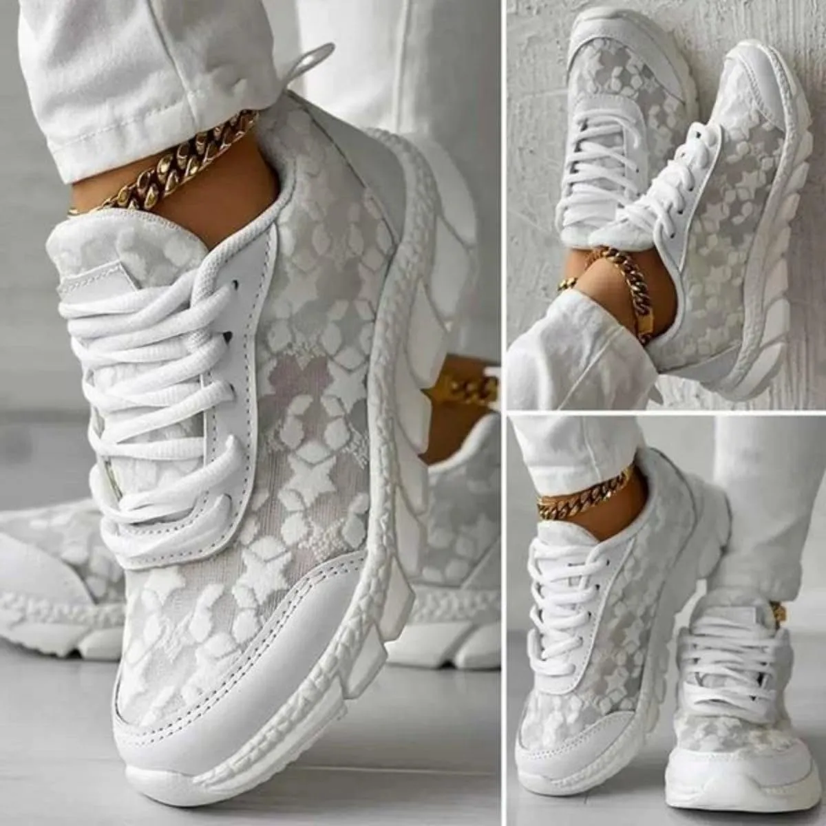 Women's Luxurious Orthopedic Sneakers, Breathable Mesh Anti-Slip Go Walk Shoes for Women Fashion White Lace Print Lace-Up Trainer Sandals