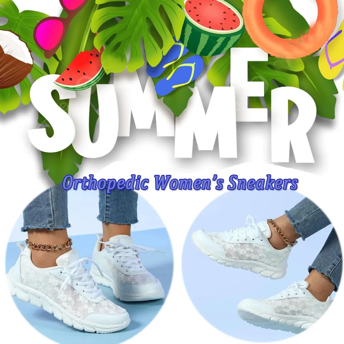 Women's Luxurious Orthopedic Sneakers, Breathable Mesh Anti-Slip Go Walk Shoes for Women Fashion White Lace Print Lace-Up Trainer Sandals