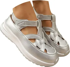 Women's Orthotic Platform Sport Sandals with Arch Support Summer Fashion Breathable Closed Toe Leather Thick Soled Hollow Comfortable Sneakers Wide Width Casual Lightweight Walking Wedge Shoes