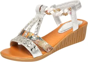 Yanzhenglip Women'S Bohemian Rhinestone Sandals Casual Flower Sandals Wedges Comfortable Peep-Toe Sandals Summer Dressy