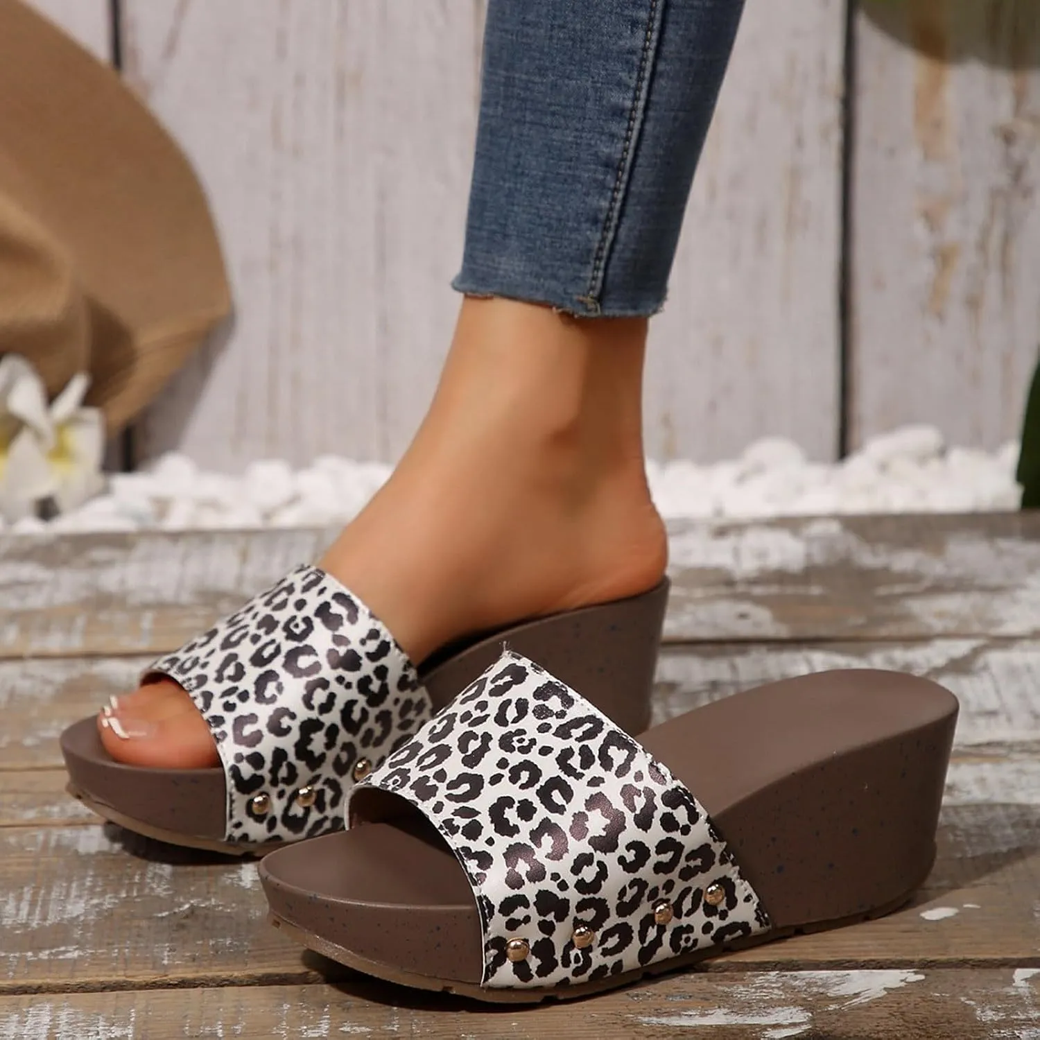 ZSpzx Orthopedic Wedge Sandals for Women 2025 Dressy Summer Comfortable Platform Leopard Open Toe Walking Foot Arch Supports Non Slip-on Slides Beach Orthotic Cushion Casual Womens Slide Shoes